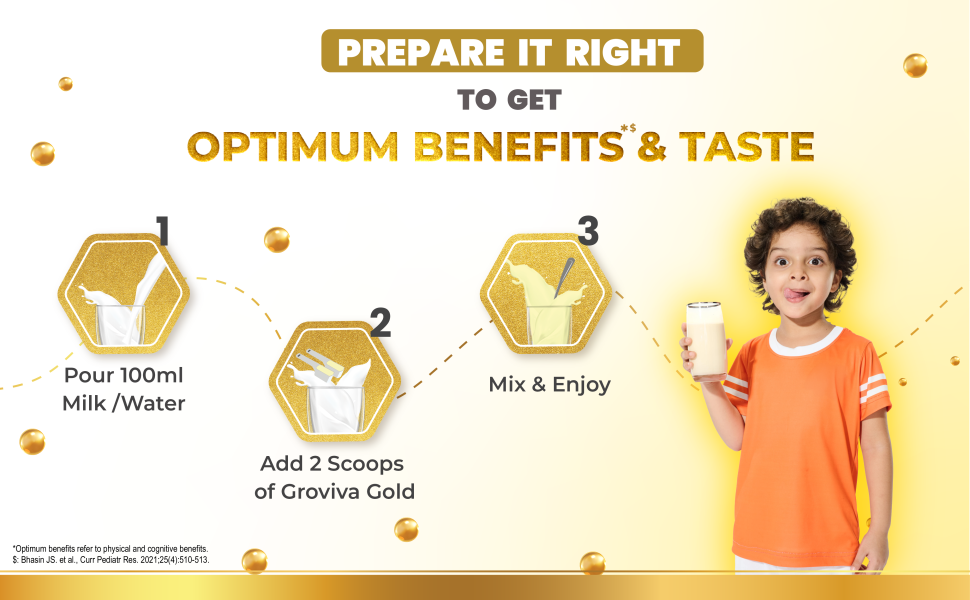 Groviva Gold Milk Protein Powder for Kids | 2-6 Years | 400g Vanilla Jar| 46 Nutrients | Growth & Digestive Nutrients | Supports Physical Growth, Brain Development, Immunity & Eye Health