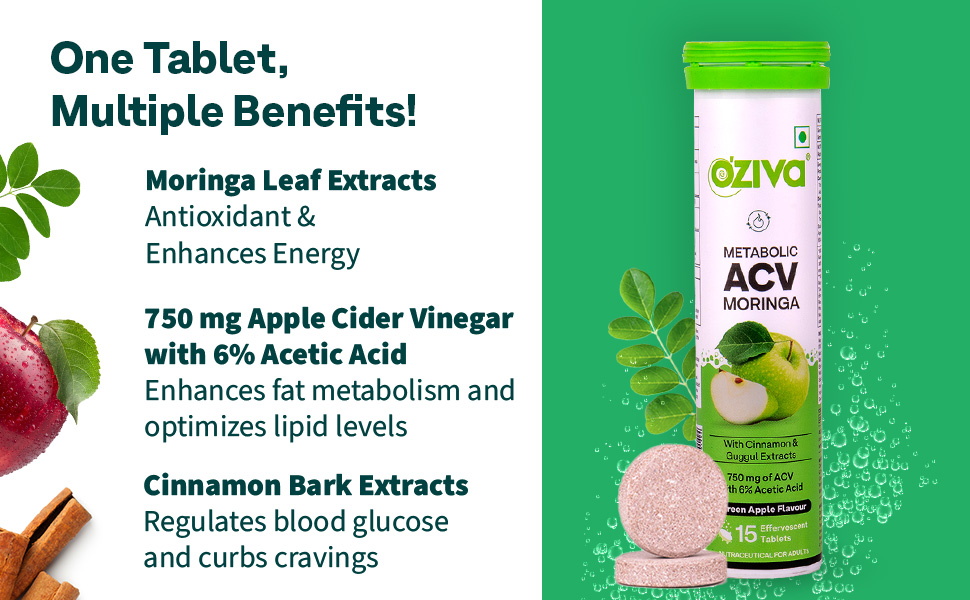 OZiva ACV Moringa Apple Cider Vinegar Tablets, Green Apple, Pack of 2