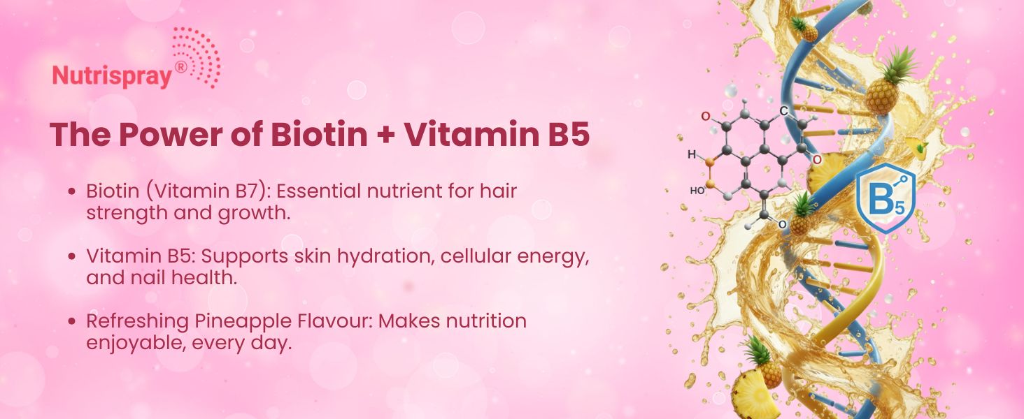 Hair Biotin Mouth Spray for Hair Growth- 25 ml (Pack of 3) | Biotin (Vitamin B7) + Vitamin B5 | Stronger Hair, Skin & Nails | Fast-Absorbing Sublingual Oral Supplement | Pineapple Flavour