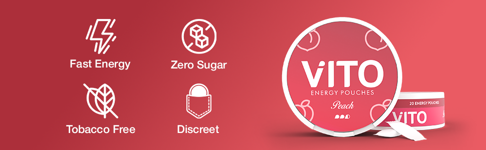 VITO Caffeine Energy Pouches-Peach 80mg, 20 pouches, Sugar-Free, Zero-Cal