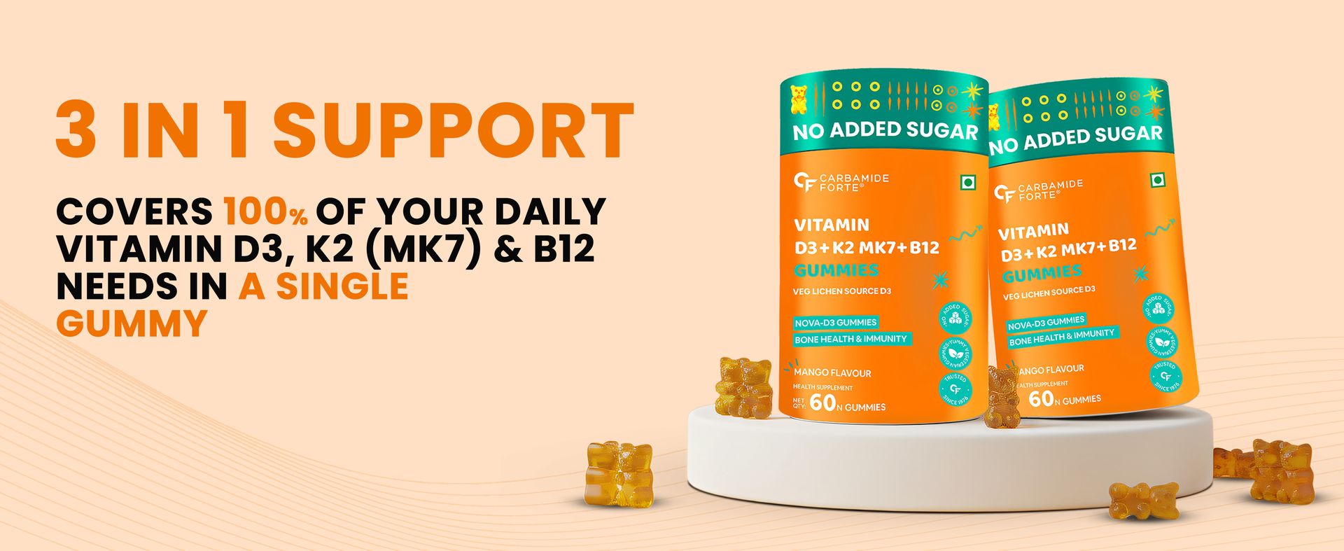 Carbamide Forte Vitamin D3 K2 B12 Gummies | Vitamin B12 Supplements & Vitamin D Supplement | Plant Based Veg Lichen Source D3 Supplement For Bone Health | Mango Flavor - 60 Gummies