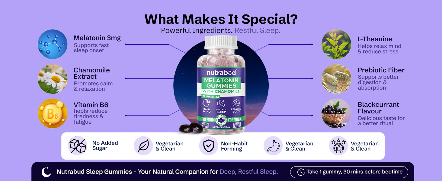 Nutrabud Melatonin Sleep Gummies 3mg For Men, Women | No Added Sugar | Fall Asleep Fast & Restful Deep Sleep | Blackcurrant Flavor Veg Gummy Supplement (60 Count (Pack of 1))