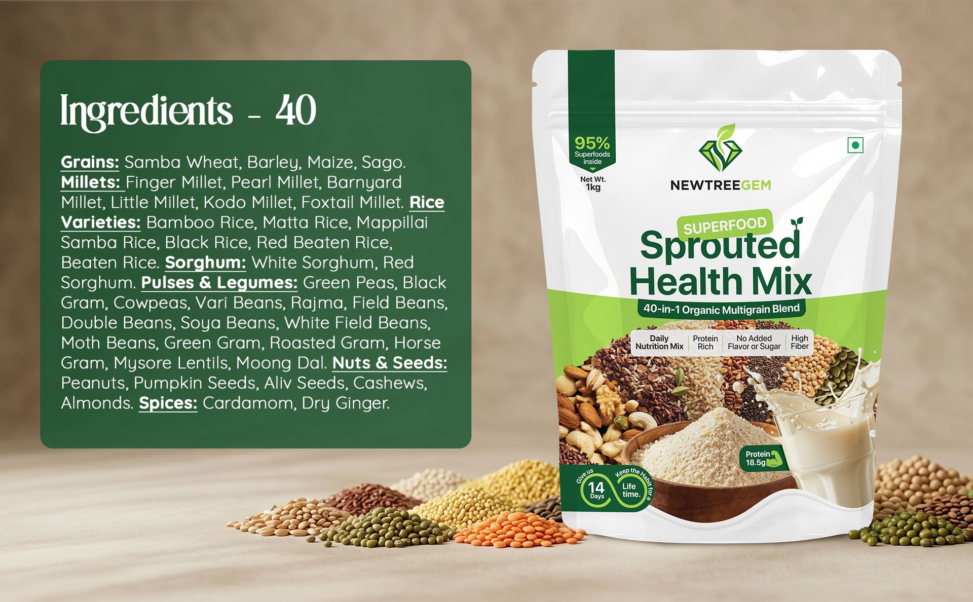Superfood Health Mix | 40 Natural Ingredients | 18.5g Plant Protein | High Fiber | Low GI | No Added Sugar | Family Nutrition Drink Mix for Energy, Wellness & Daily Health (large)