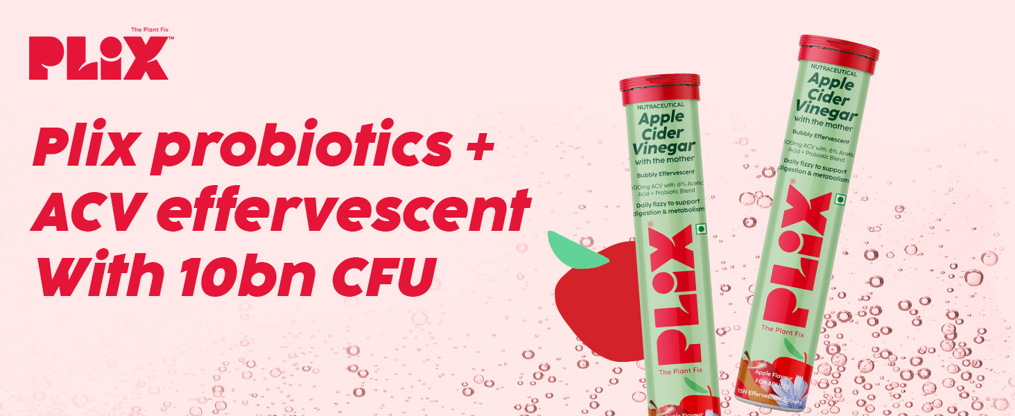 PLIX - THE PLANT FIX Probiotics+ Apple Cider Vinegar Effervescent Tablets|Supports Digestion,Improves Gut Health & Metabolism|With 10bn CFU|15 Tablets,Pack of 2|For Unisex, 220 grams