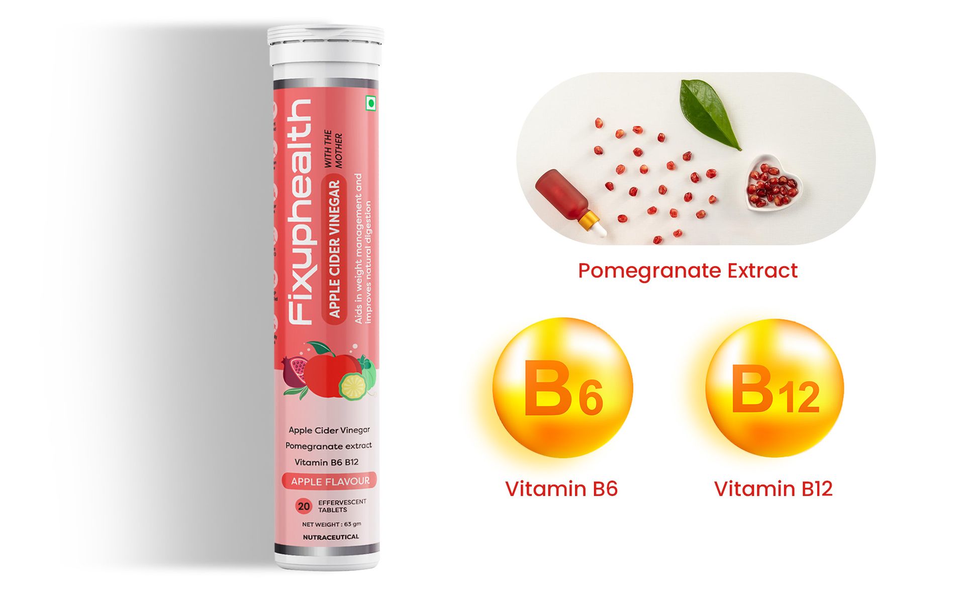 Fixuphealth Apple Cider Vinegar with the Mother 20 Tablets (Pack of 1) and Gluten-free ACV Tablet with Vitamin B6 and B12 and Pomegranate Extract, Weight Loss Supplement for Women and Men