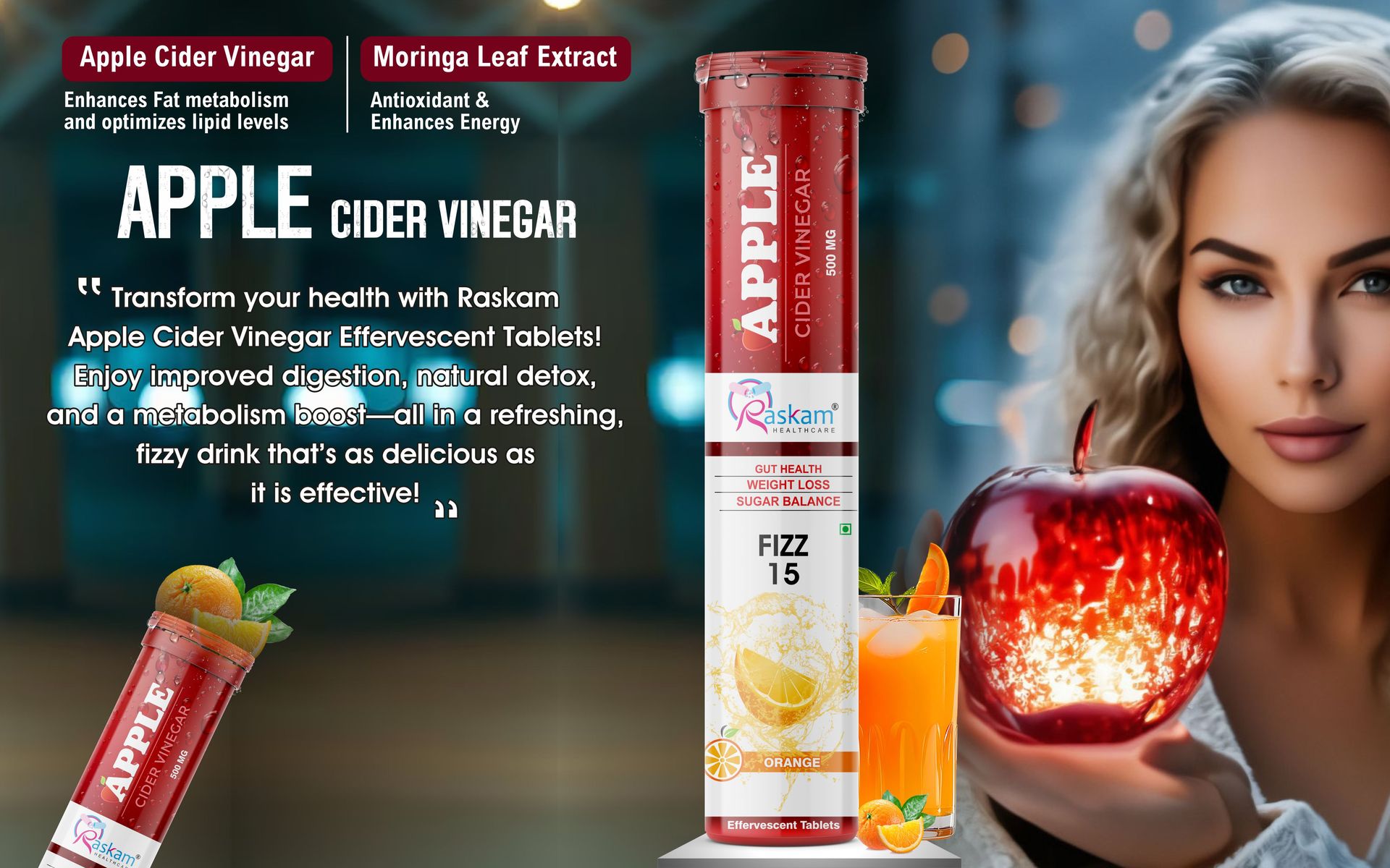 ACV Apple Cider Vinegar Effervescent Fizz 15 Tablets - For Weight Loss | Refreshing Detox & Metabolism Boost, No added Sugar (Pack of 1), Orange Flavour