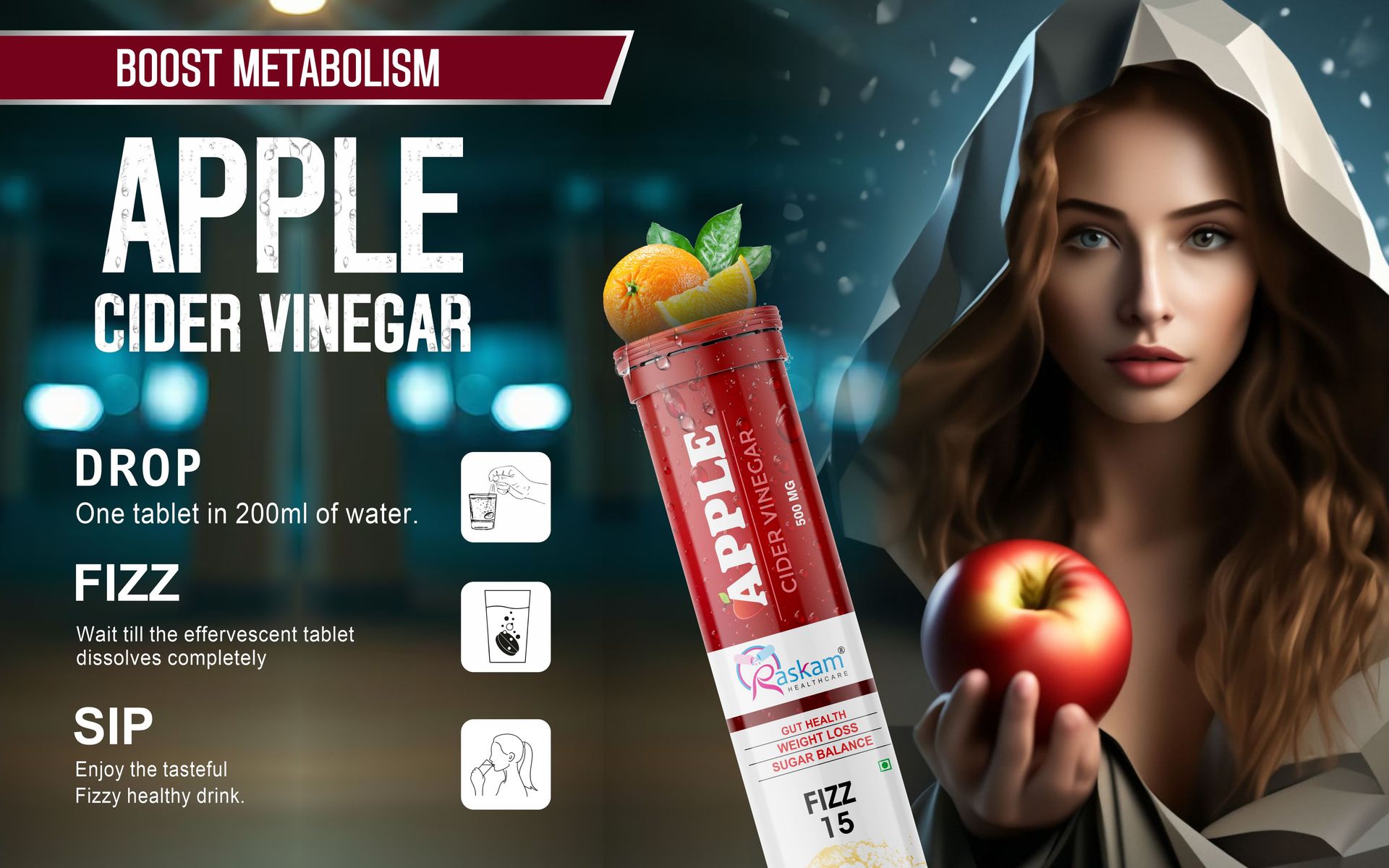 ACV Apple Cider Vinegar Effervescent Fizz 15 Tablets - For Weight Loss | Refreshing Detox & Metabolism Boost, No added Sugar (Pack of 1), Orange Flavour