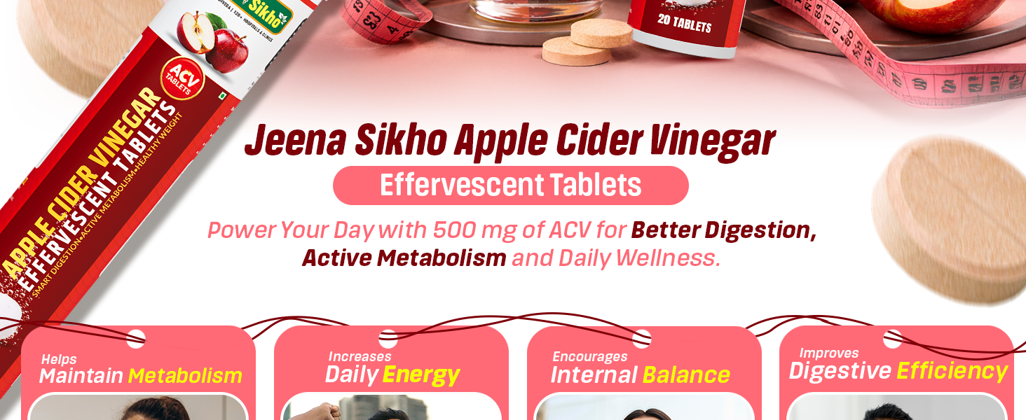 Jeena Sikho Apple Cider Vinegar Effervescent Tablets | ACV 500 mg | Effervescent Fizzy Drink Form | Refreshing Taste | 20 Tablets