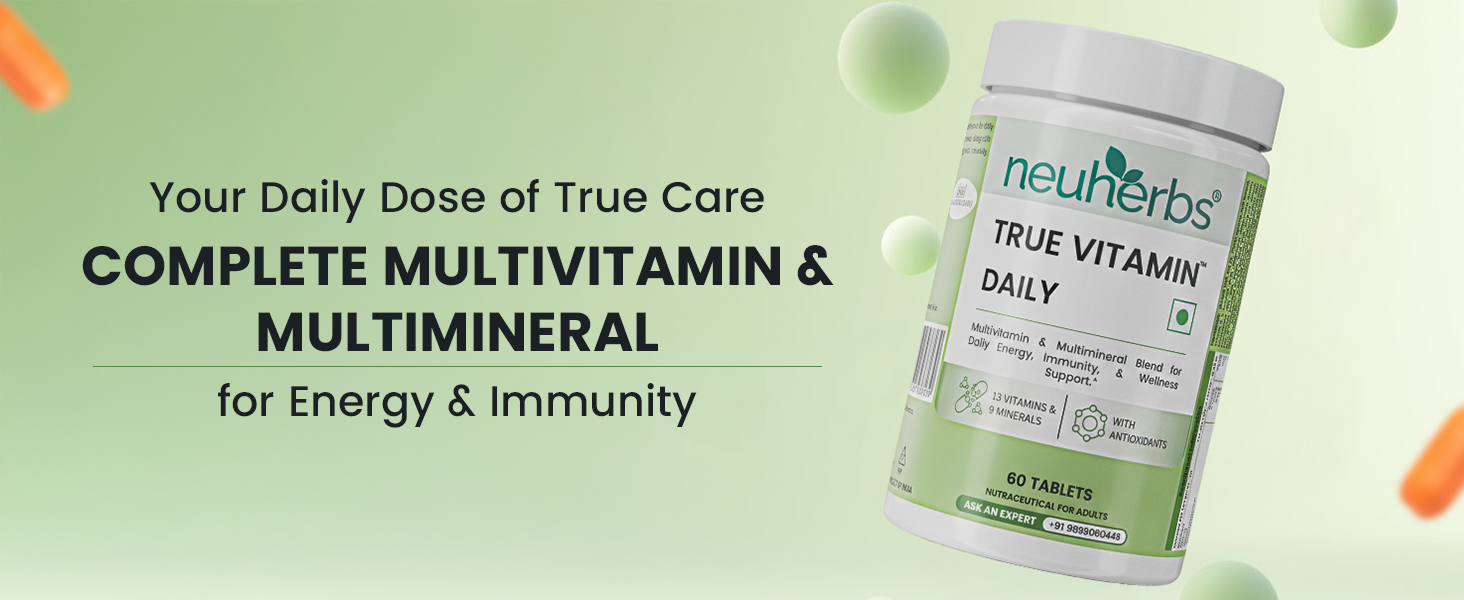 Neuherbs Daily Multivitamin 60 Tablets |True Vitamin for Men & Women with Vitamin C, B12, D, Magnesium,Iron & Zinc | Supports Energy, Stamina & Immunity