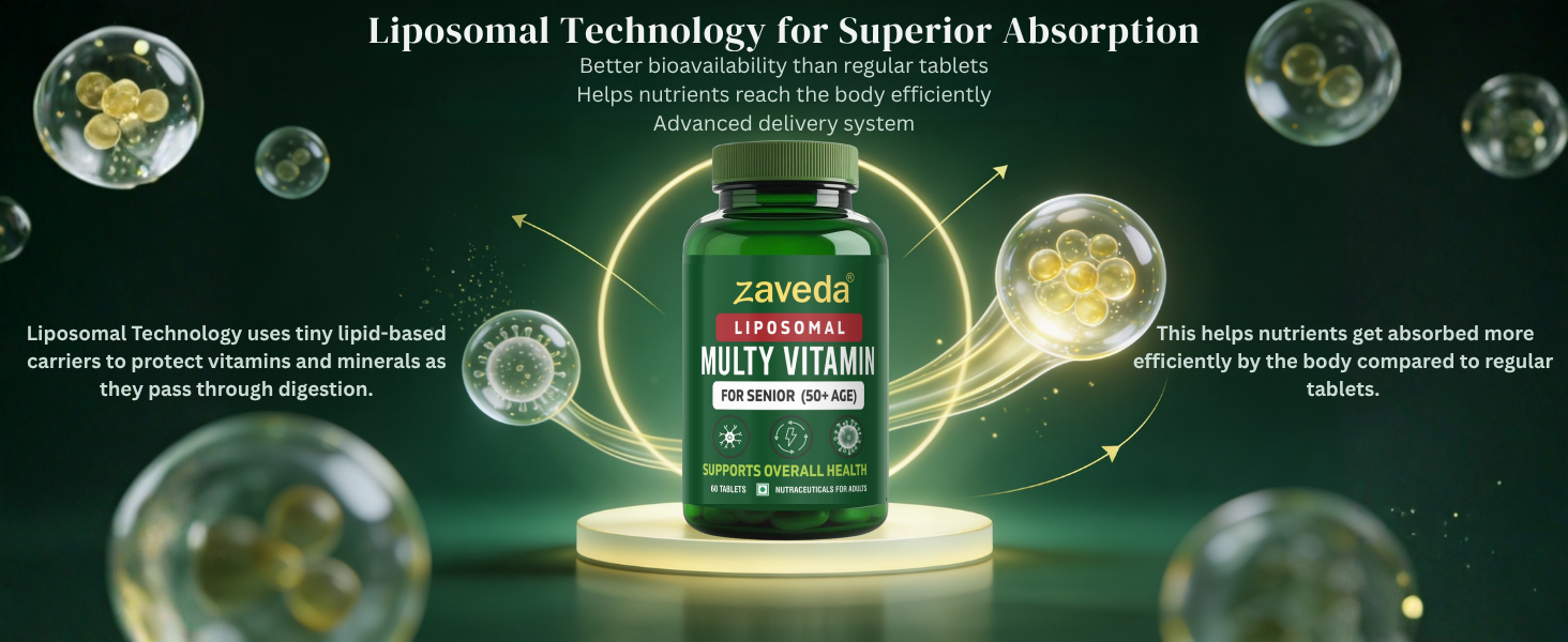 Liposomal Multivitamin for Seniors 50+ | Advanced Technology for Superior Absorption | with Methyl B12, L-Methylfolate, MK-7 & Bisglycinate Minerals | 60 Tablets