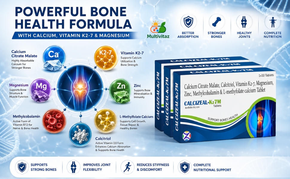Calcizeal-K27M Tablet | Improve Joint Flexibility & Reduces Stiffness | Increase Bone Strength | Treat Lack of Calcium, Vitamin k2-7 With Essential Nutrients For Men & Women | Pack of 3 | 30 Tablets