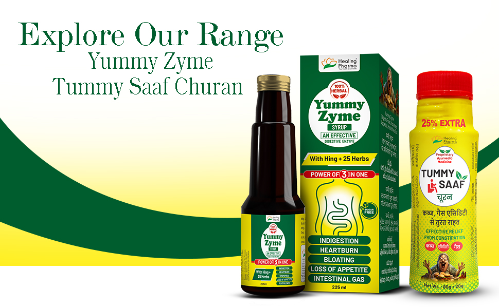 Healing Pharma - Yummy Zyme Digestive Enzyme Syrup | Ayurvedic Digestive Tonic with Hing & 25 Herbs | Relieves Indigestion, Bloating, Heartburn & Intestinal Gas | Sugar Free | 225 ml
