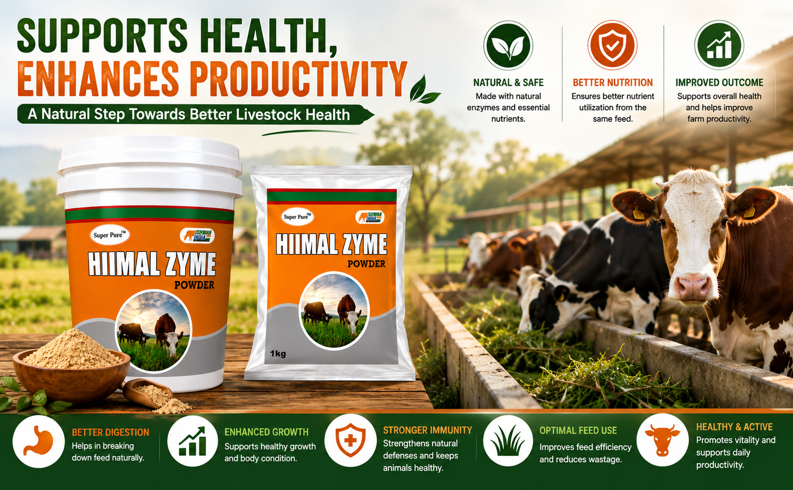 HIIMAL Zyme Powder | Digestive Enzyme & Probiotic Supplement for Cows, Buffaloes, Goats & Sheep | Improves Digestion & Feed Utilization-5 Kg Bucket
