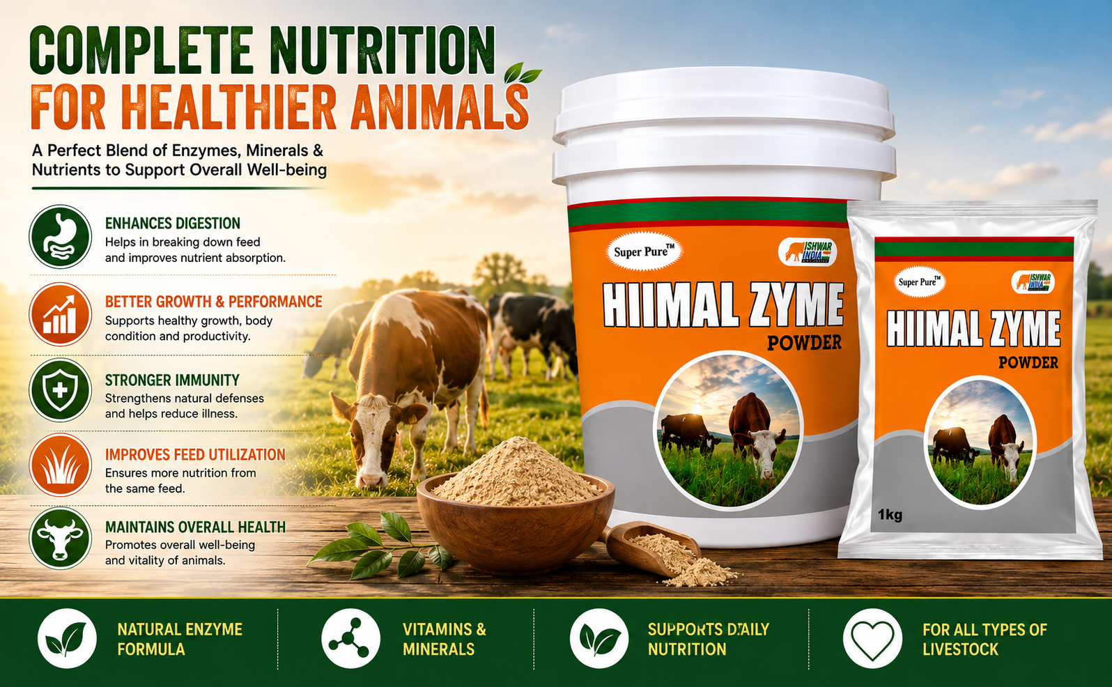 HIIMAL Zyme Powder | Digestive Enzyme & Probiotic Supplement for Cows, Buffaloes, Goats & Sheep | Improves Digestion & Feed Utilization-5 Kg Bucket