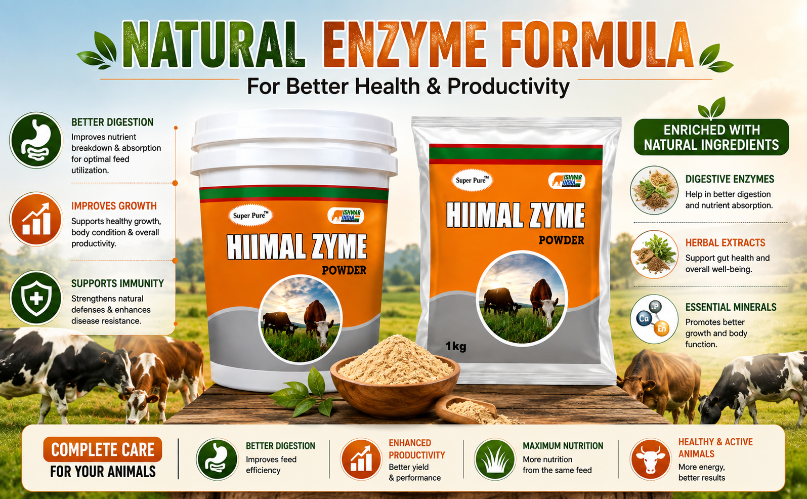 HIIMAL Zyme Powder | Digestive Enzyme & Probiotic Supplement for Cows, Buffaloes, Goats & Sheep | Improves Digestion & Feed Utilization-5 Kg Bucket