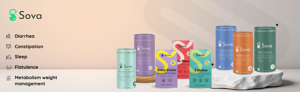 Sova Plug The Flow for Diarrhea, IBS Relief, Prevent Loose Stools, Upset Stomach | 5 Billion CFUs | Clinically Researched Prebiotics, Probiotics & Digestive Enzymes for Men & Women | 15 Sachets