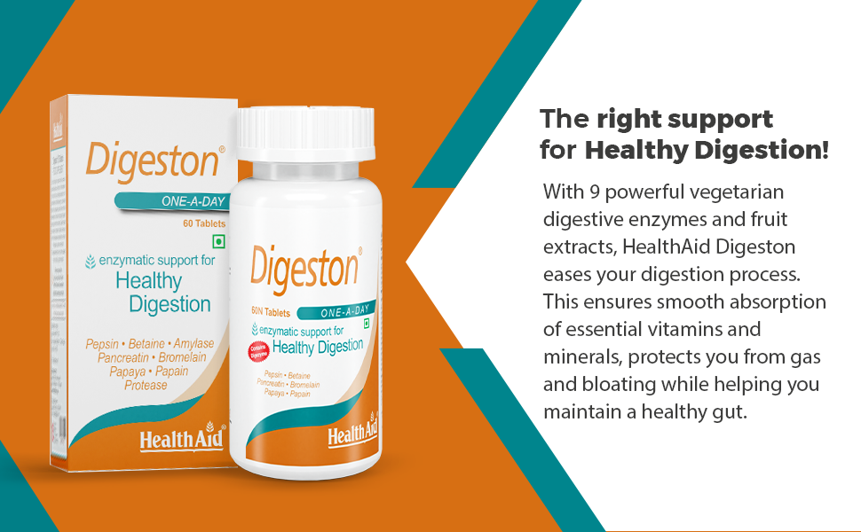 HealthAid Digeston (Papaya & Digestive Enzymes) – 60 Tablets | Natural Enzyme Formula | Supports Healthy Digestion, Nutrient Absorption & Stomach Comfort | With Papaya & Pineapple Extract