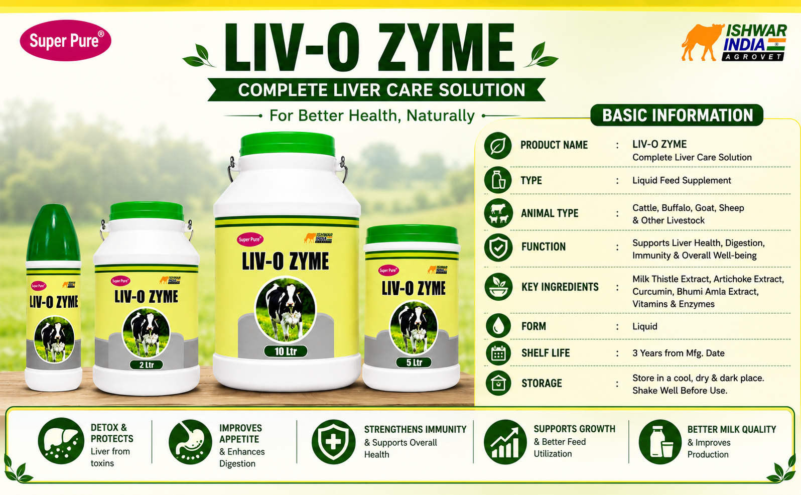 LIV-O Zyme | Liver Tonic & Digestive Supplement for Cows, Buffaloes, Goats & Sheep | Boosts Digestion & Immunity (1LTR)