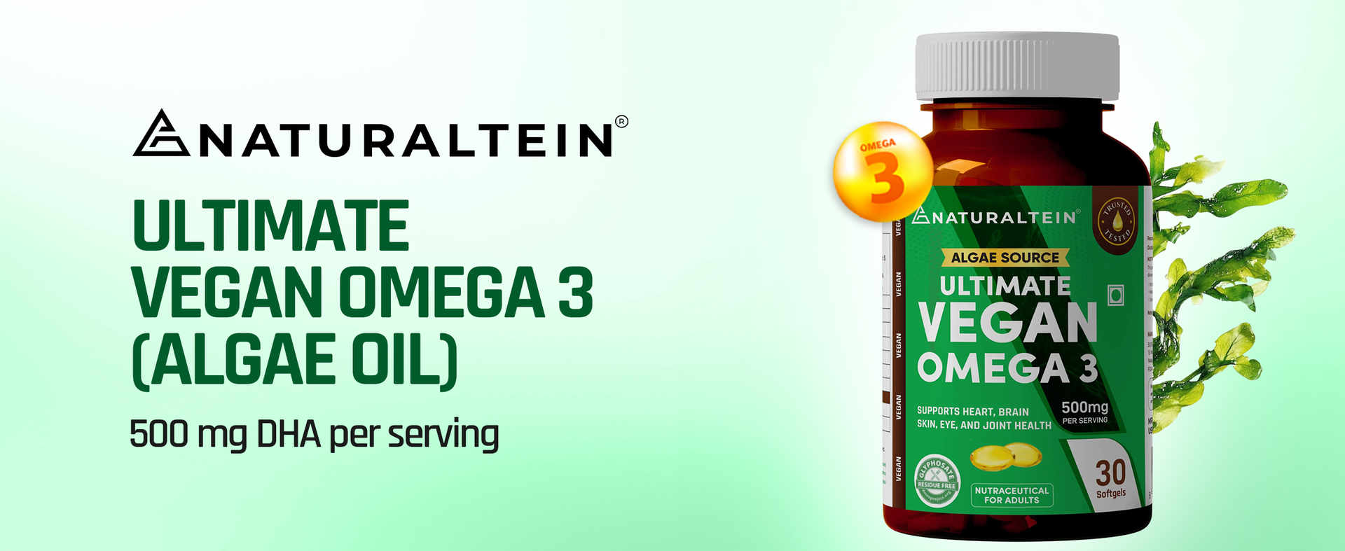 Naturaltein Ultimate Vegan Omega 3 (60 Softgels) | Algae Source DHA | 1000 mg Algae Oil & 500 mg DHA Per Serving | Plant-Based Omega 3 | Heavy Metal Tested