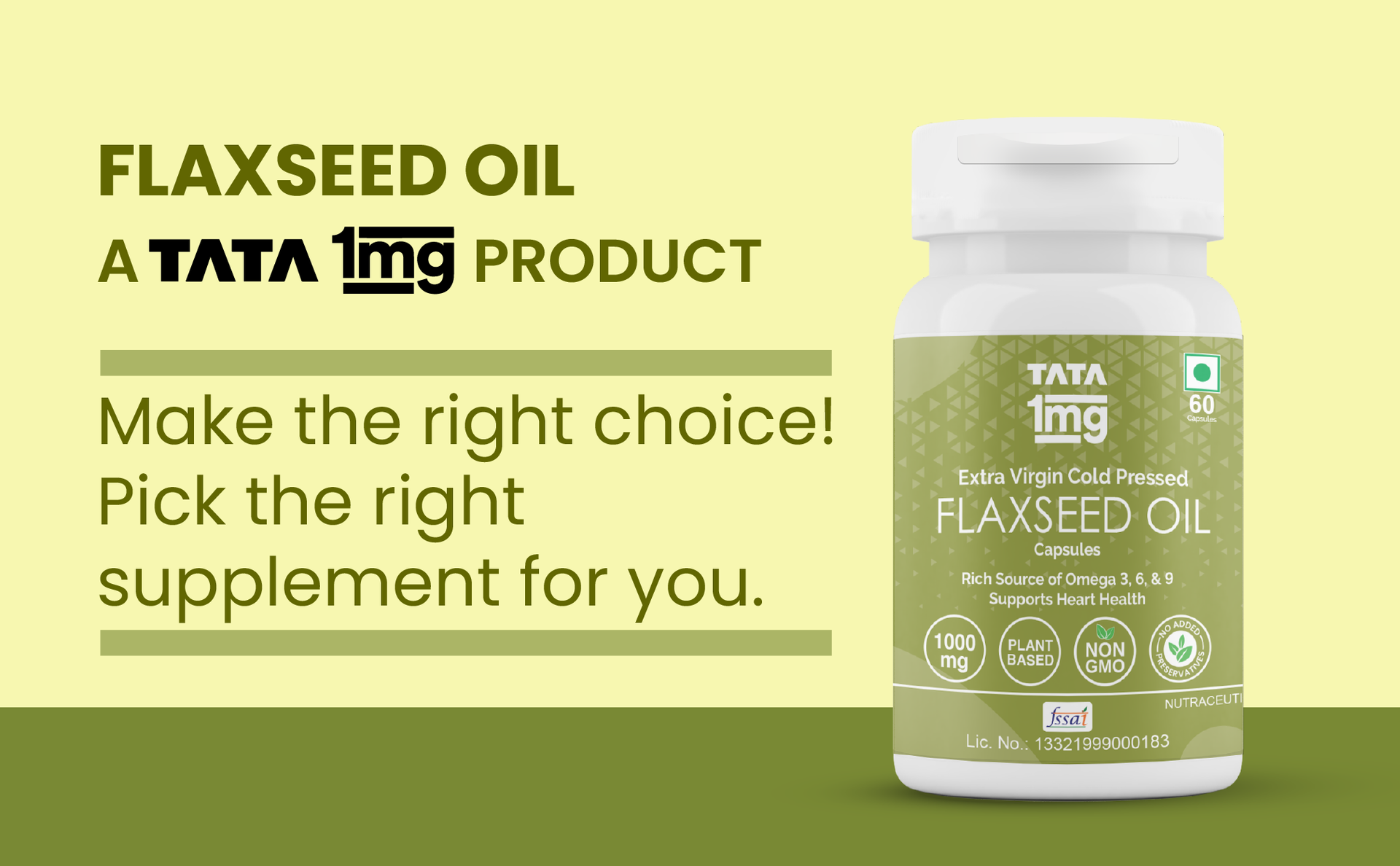 TATA 1mg Vegetarian Omega 3 Capsules 1000mg | Extra Virgin Cold Pressed Flaxseed Oil supplement with Omega 3, 6 & 9 | Veg Omega 3 capsules for healthy heart, brain & gut | Plant based | Pack of 60