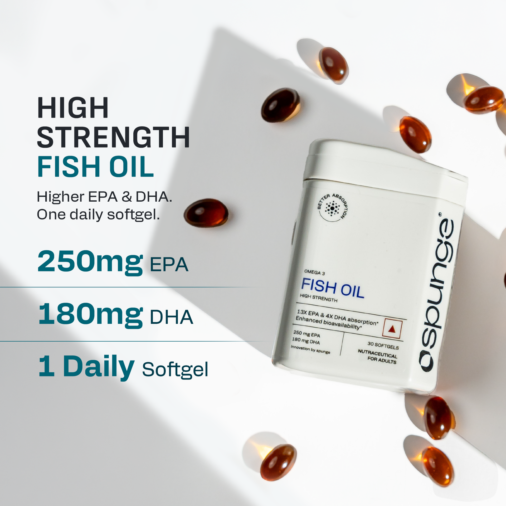 Spunge Omega 3 Fish Oil High Strength | 30 Softgels | High Strength EPA & DHA | 13X EPA & 4X DHA Absorption | Supports Heart, Brain & Joint Health | Daily Dietary Supplement
