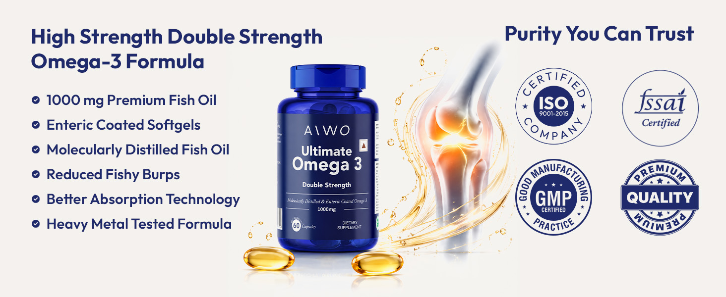 AIWO Ultimate Omega 3 Fish Oil Capsules for Men & Women, Double Strength 1000 mg with 360 mg EPA & 240 mg DHA, Burp-Free Formula, Supports Heart, Brain & Joint Health