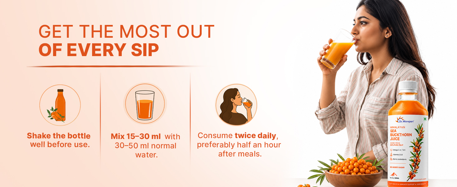 Dr. Morepen Himalayan Sea Buckthorn Juice 500ml | 99% Pulp | Natural Source of Vitamin C, Omega 3, 6, 7, 9 & Antioxidants | No Added Sugar | Supports Immunity, Skin Health & Gut Health | 100% Vegan