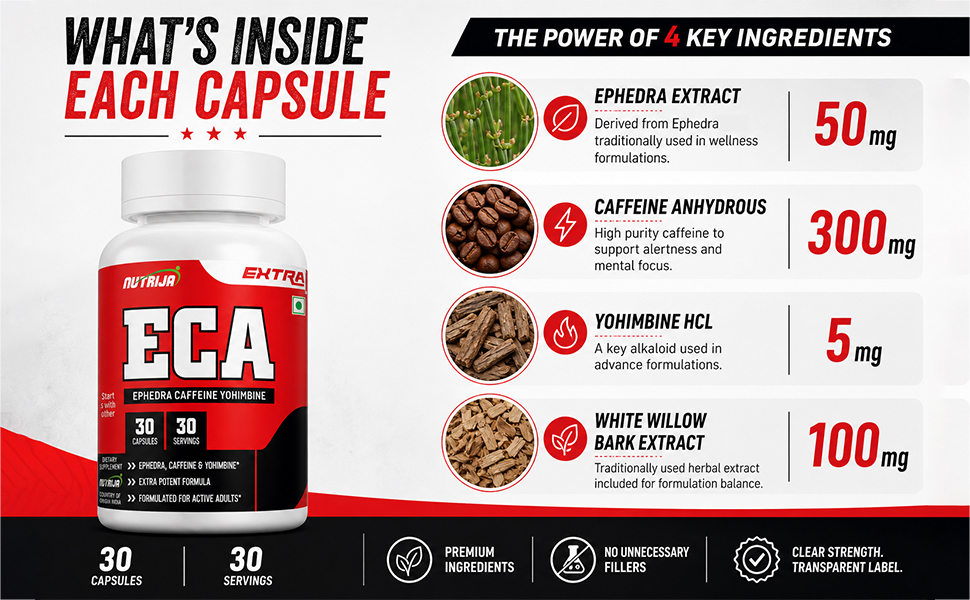NutriJa ECA - Ephedra, Caffeine & Yohimbine Stack - Servings - 30 Capsules
