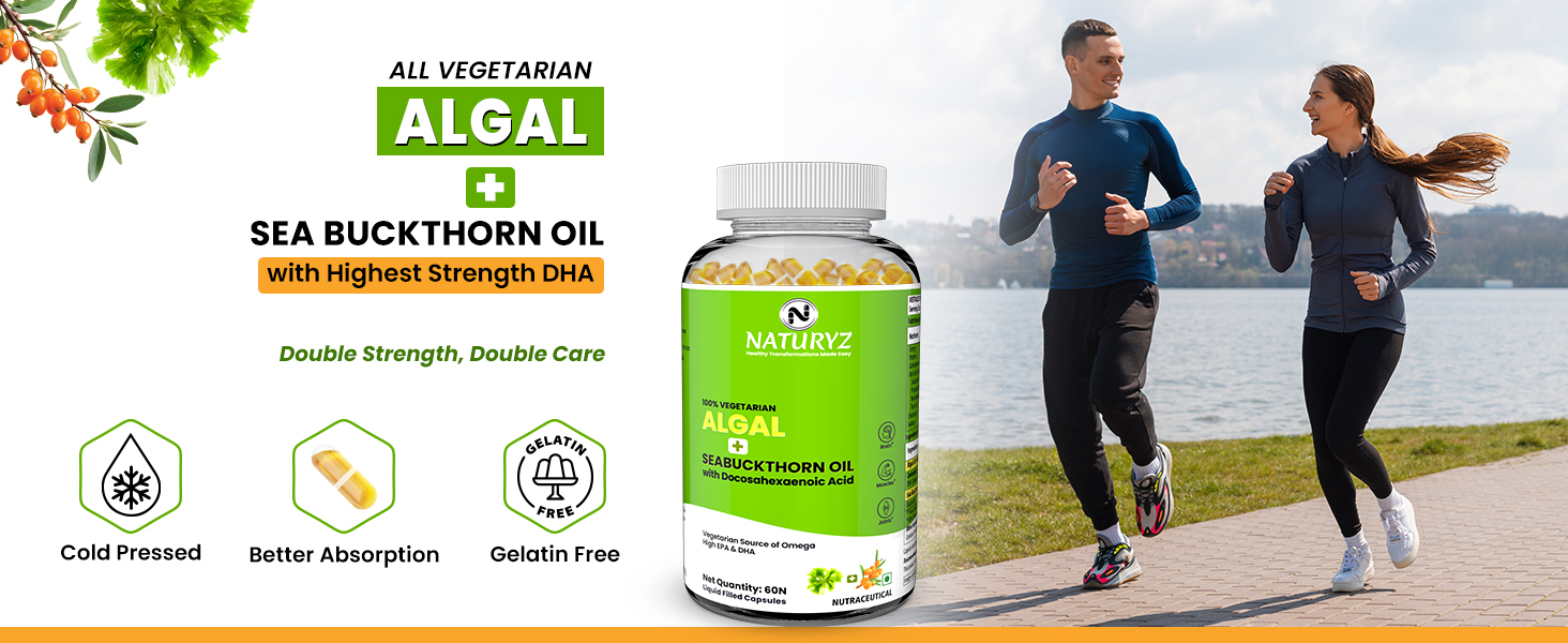 Naturyz Vegetarian Omega 3 Algae + Sea buckthorn Oil Capsules 1120mg | Highest Strength DHA 400mg | Gelatin Free, No Burps, No Fish Oil | Supports Healthy Heart, Skin, Brain & Gut | Plant source for Men & Women | 60 Liquid fill Capsules