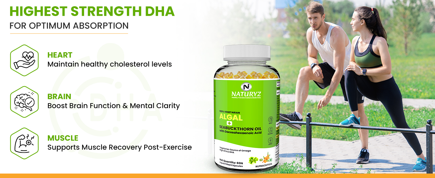Naturyz Vegetarian Omega 3 Algae + Sea buckthorn Oil Capsules 1120mg | Highest Strength DHA 400mg | Gelatin Free, No Burps, No Fish Oil | Supports Healthy Heart, Skin, Brain & Gut | Plant source for Men & Women | 60 Liquid fill Capsules