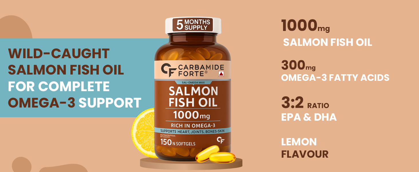 Carbamide Forte Salmon Fish Oil Omega 3 Capsule 1000 mg | 90 Softgel Capsules | EPA 180 mg & DHA 120 mg | Supports Heart, Joints, Bones & Skin (Pack of 2)