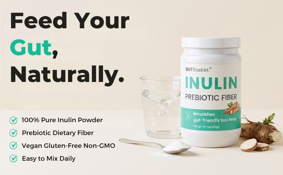 Gutbasket Pure Inulin Powder (300g) - Prebiotic Fiber for Gut Health & Digestive Wellness - Vegan, Non-GMO, Gluten-Free - Perfect for Smoothies, Coffee, and Baking