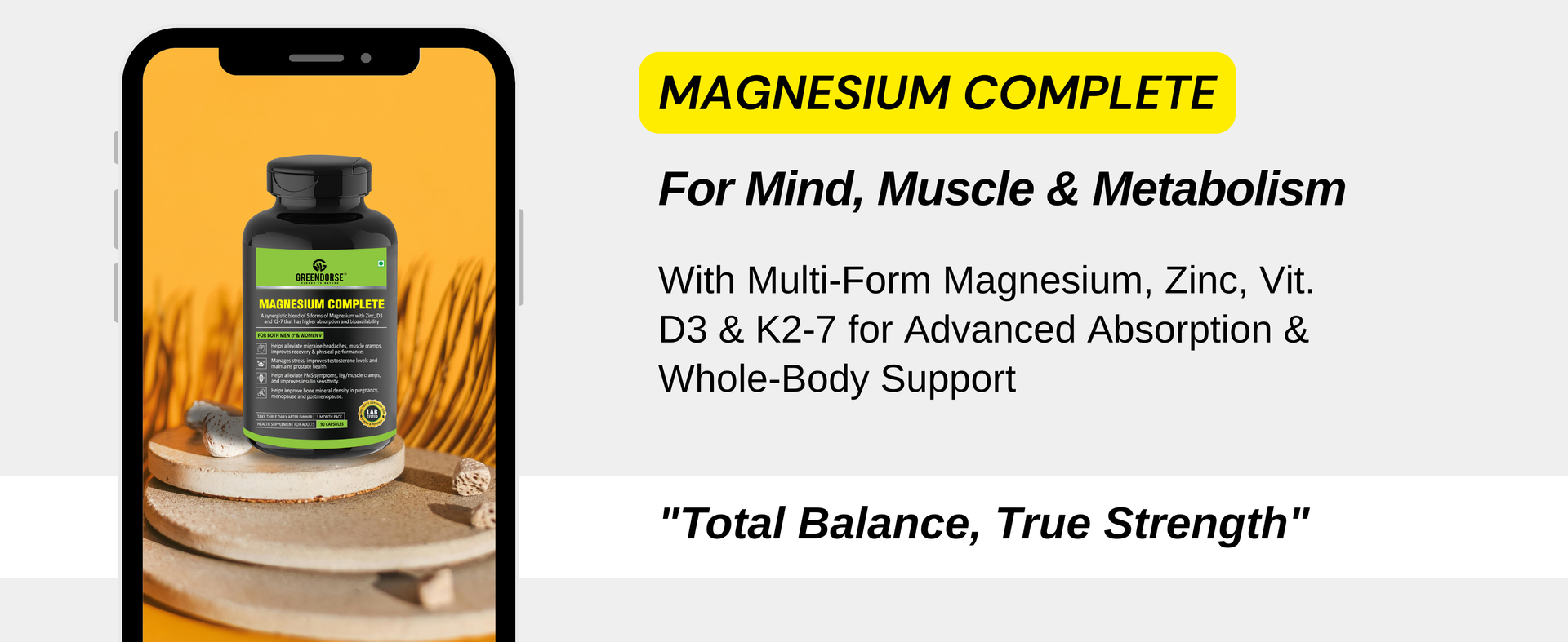 GREENDORSE Magnesium Complete - High Absorption Magnesium Complex with 5 Forms + Zinc, D3 & K2-7 | Bioavailable formula for Muscle Cramps, Stress Relief, Bone Health, and PMS | 90 Veg Capsules