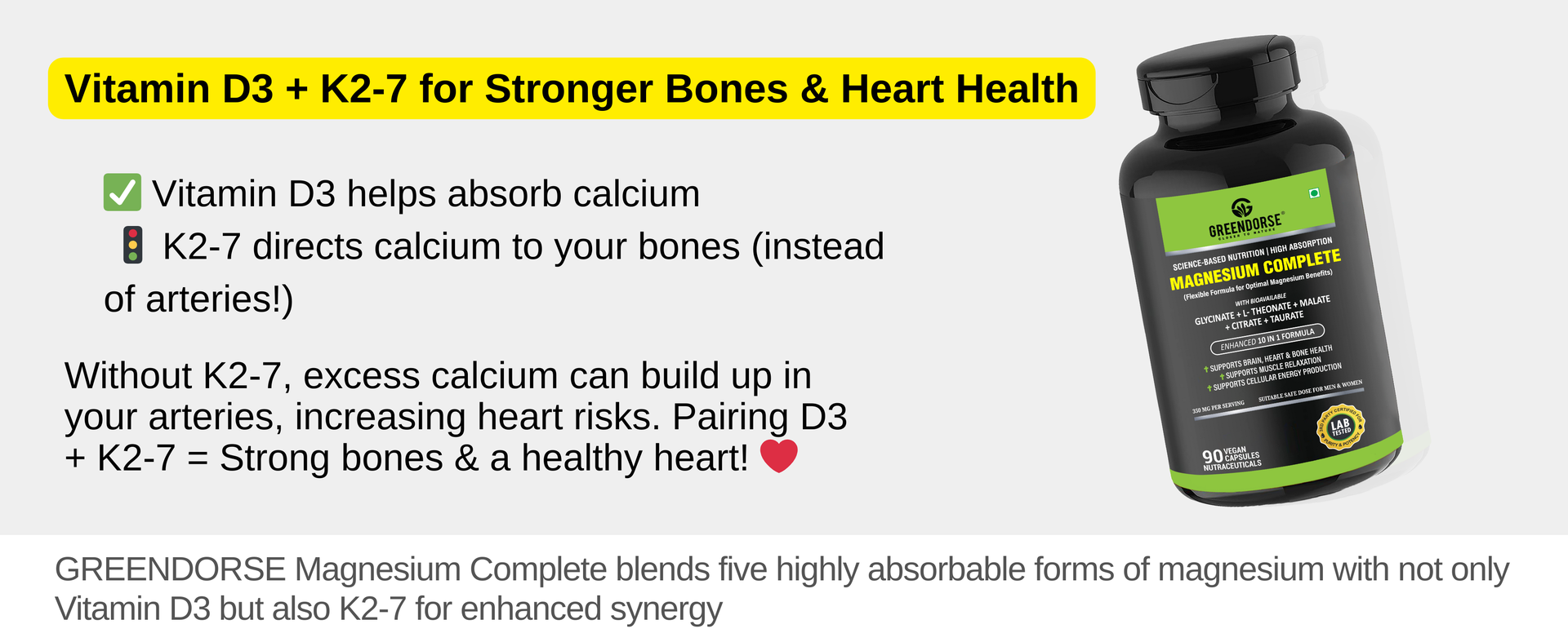 GREENDORSE Magnesium Complete - High Absorption Magnesium Complex with 5 Forms + Zinc, D3 & K2-7 | Bioavailable formula for Muscle Cramps, Stress Relief, Bone Health, and PMS | 90 Veg Capsules