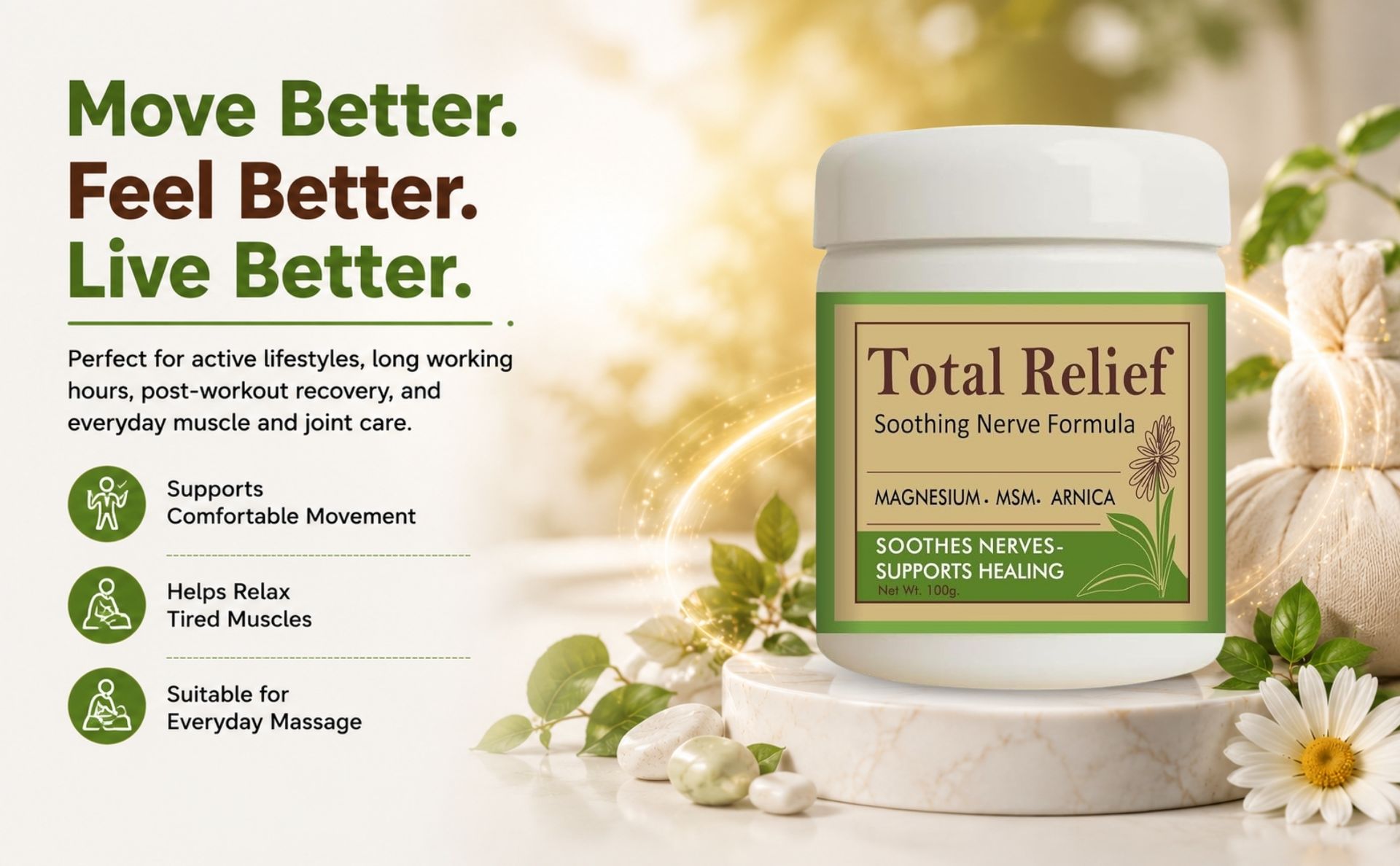 Mexmy Total Relief Magnesium Cream for Nerves – Fast-Absorbing MSM & Arnica Cream for Healthy, Comfortable Nerves and Daily Comfort ((Pack Of 1-100gm))