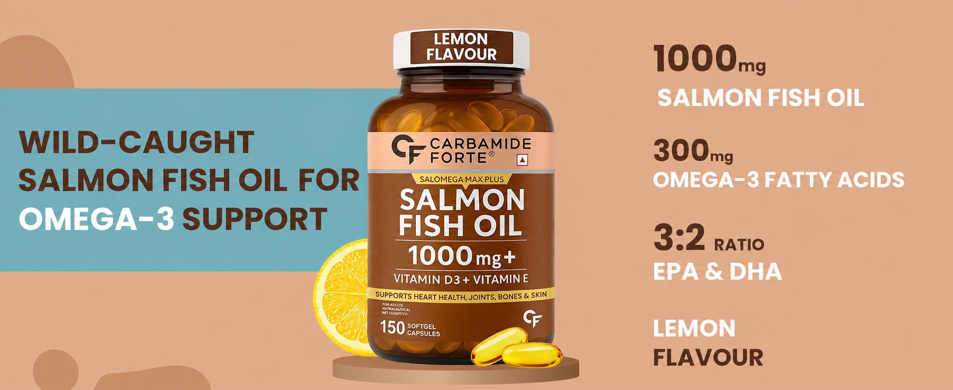 Carbamide Forte Salmon Omega 3 Fish Oil Capsules 1000mg | Salmon Fish Oil Omega 3 Capsule With Vitamin D3 + E For Men & Women | Omega3 Fishoil Supplement For Heart, Joints, Bones & Skin - 150 Softgels