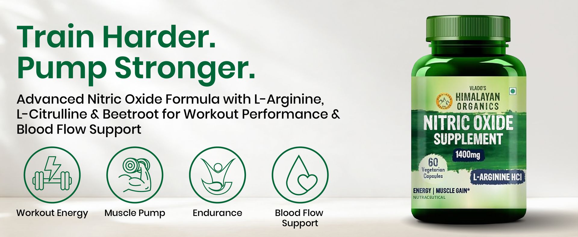 Vlado’s Himalayan Organics Nitric Oxide 1400mg With L-Arginine HCI Caffeine Supplement | Good For Muscle Growth, Stamina, Recovery, Immune Booster & Energy- 60 Veg Capsules