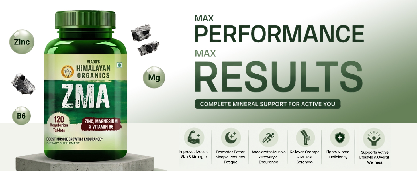 Vlado’s Himalayan Organics ZMA (Zinc Magnesium Aspartate ) Zinc Supplement For Men And Women - Zinc Tablets and Magnesium Supplements with Vitamin B6 - Support Muscle Recovery and Sleep Quality I Sports Recovery -Boost Muscle And Bone Strength - 120 Veg Tablets