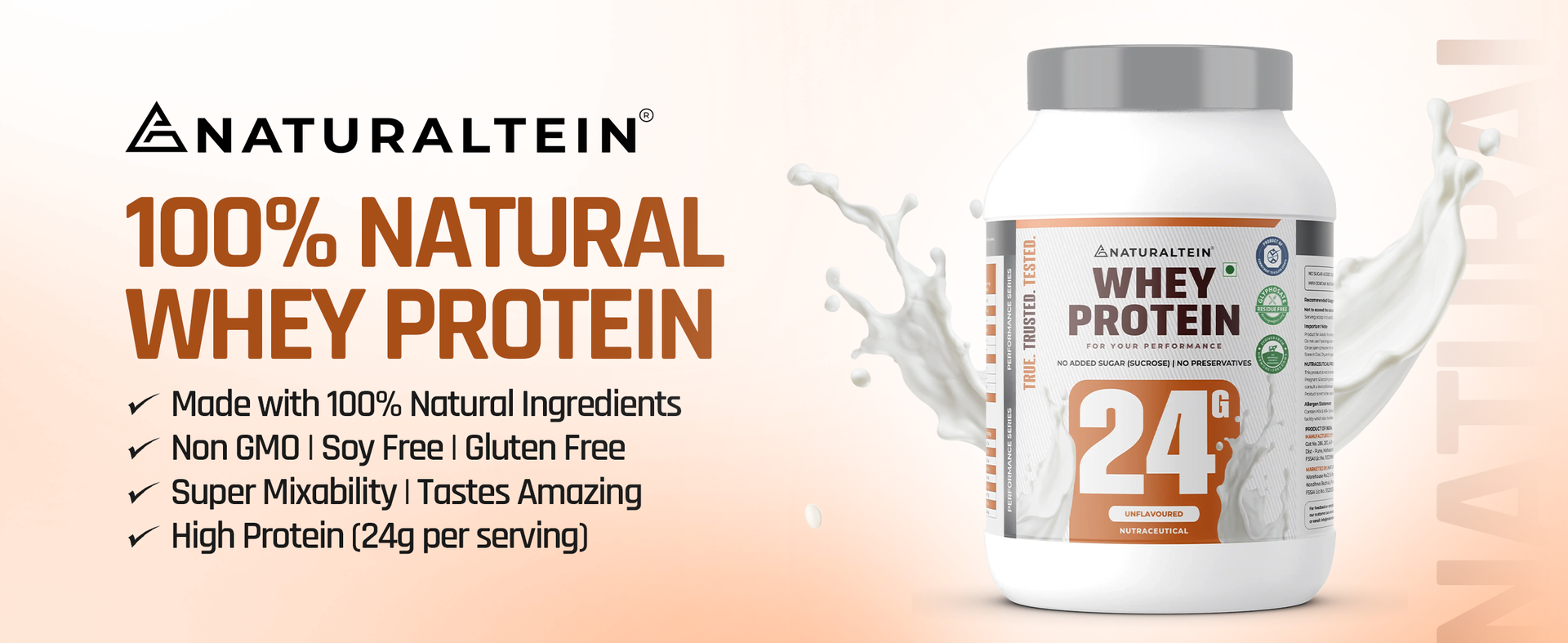 NATURALTEIN Natural Whey Max Protein – 24g Protein per Serving | Pure Unflavoured | Naturally Formulated | No Added Sugar | Non-GMO | Soy-Free & Gluten-Free | Smooth Mixability & Easy Digestion | 1 kg