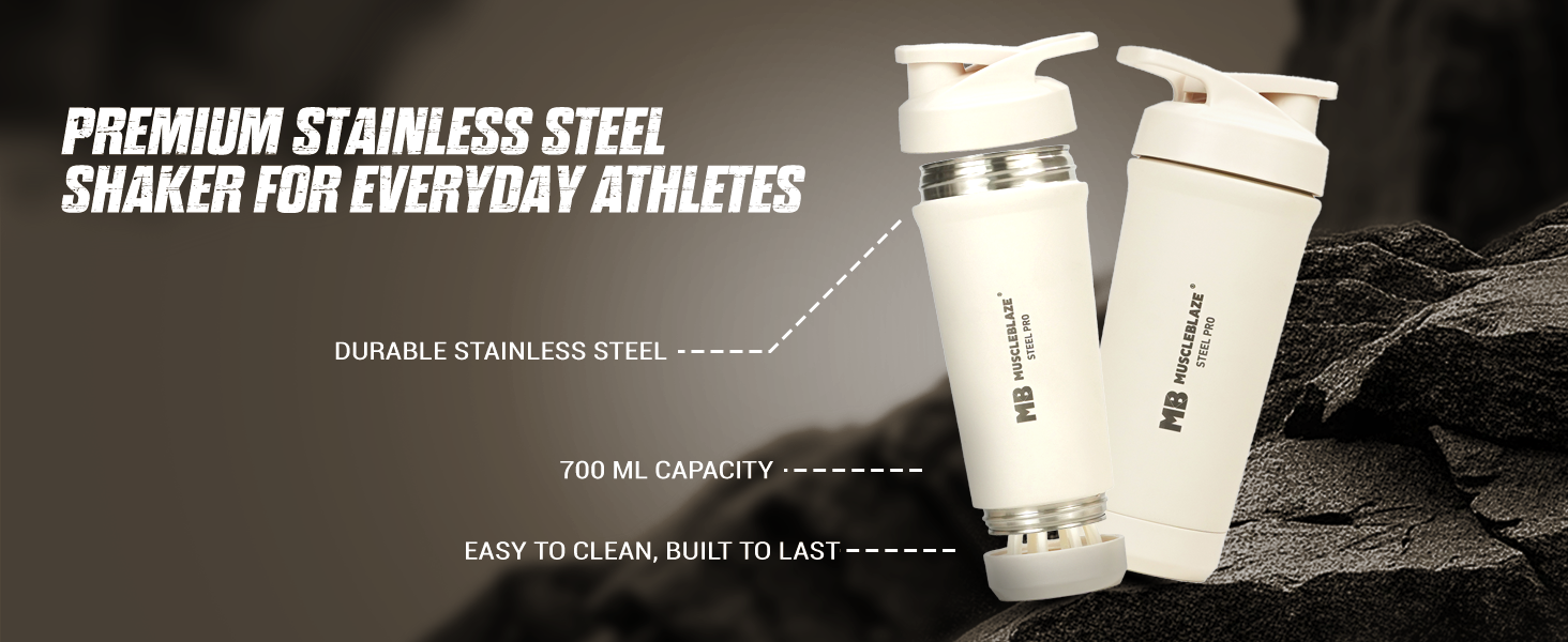 MuscleBlaze Stainless Steel Gym Shaker Pro, Beige, 700ml