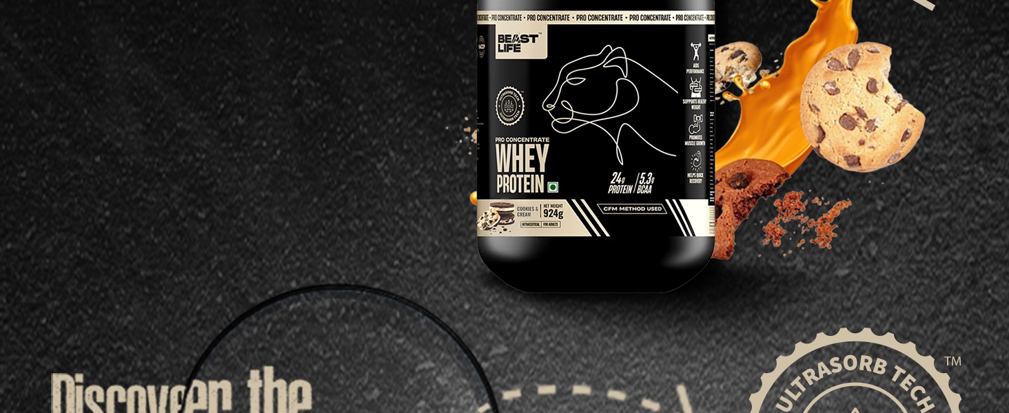 BeastLife Pro 100% Whey Protein Powder| 2 Lbs | Cookie & Cream | Muscle Growth & Recovery|Fast Absorbing, No Bloating |Ultrasorb Tech For Fast Digestion|NABL Lab Certified | 24g Protein, 5.3g BCAA