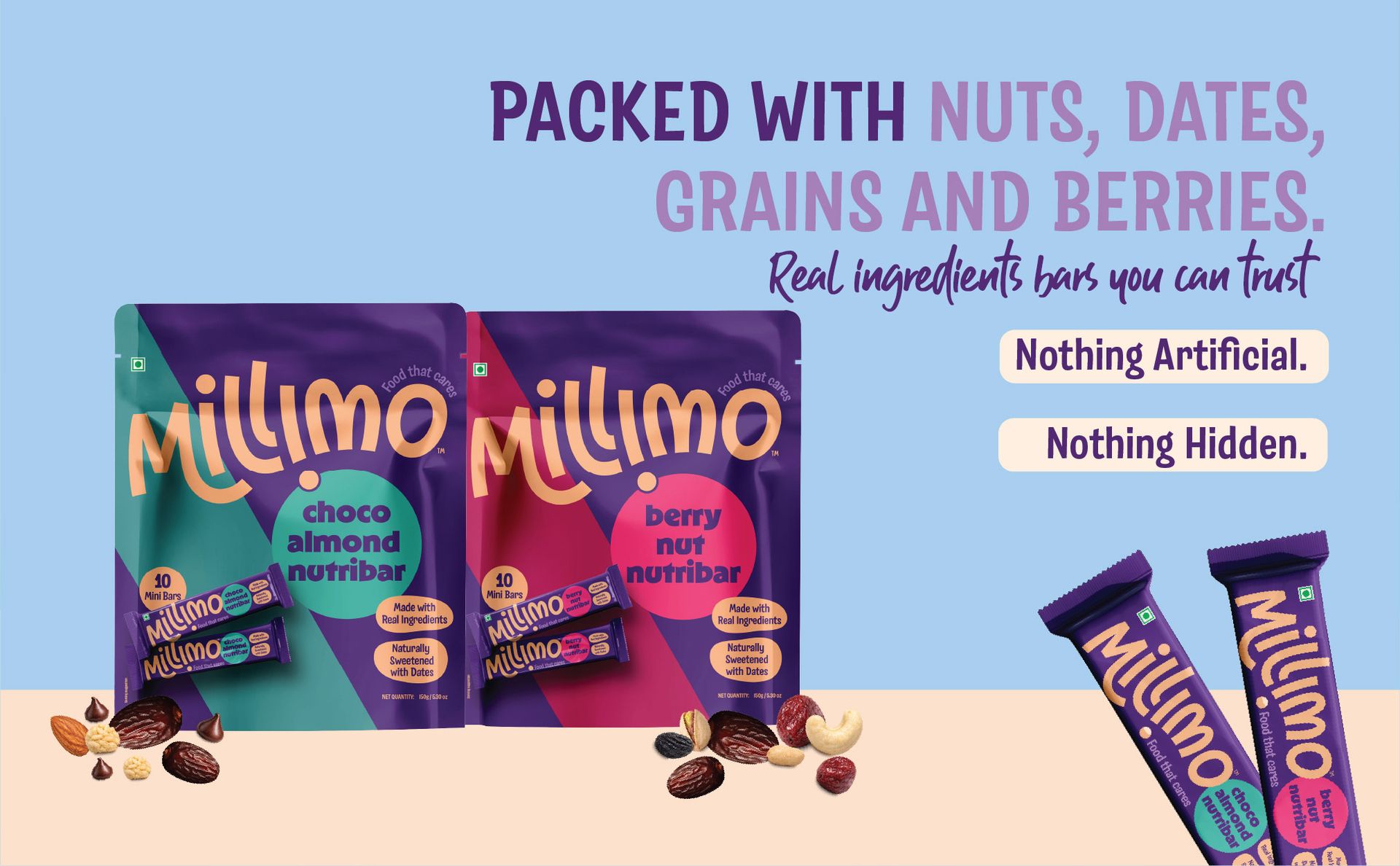 Millimo Healthy Nutribar Combo, Berry Nut x1 & Choco Almond x1, 300g, Pack of 2, No Refined Sugar, Dates Almonds Cashews Cranberries