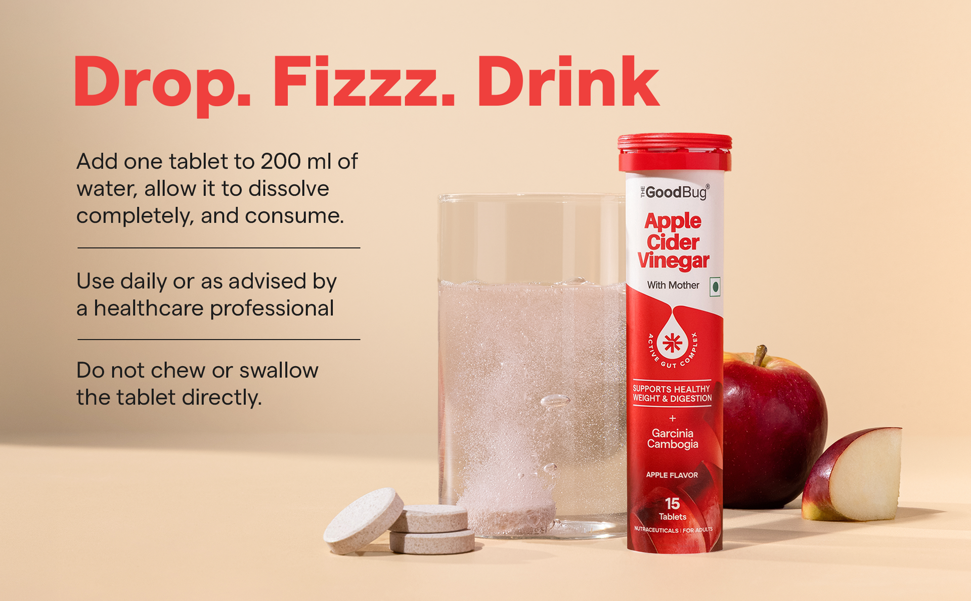 The Good Bug Apple Cider Vinegar Effervescent with Mother - 60 Tablets | Vit B6 & B12 | Buy2Get2FREE | Boosts Metabolism, Controls Cravings | 500mg ACV, 500mg Garcinia | No Added Sugar, No Maltodextrin