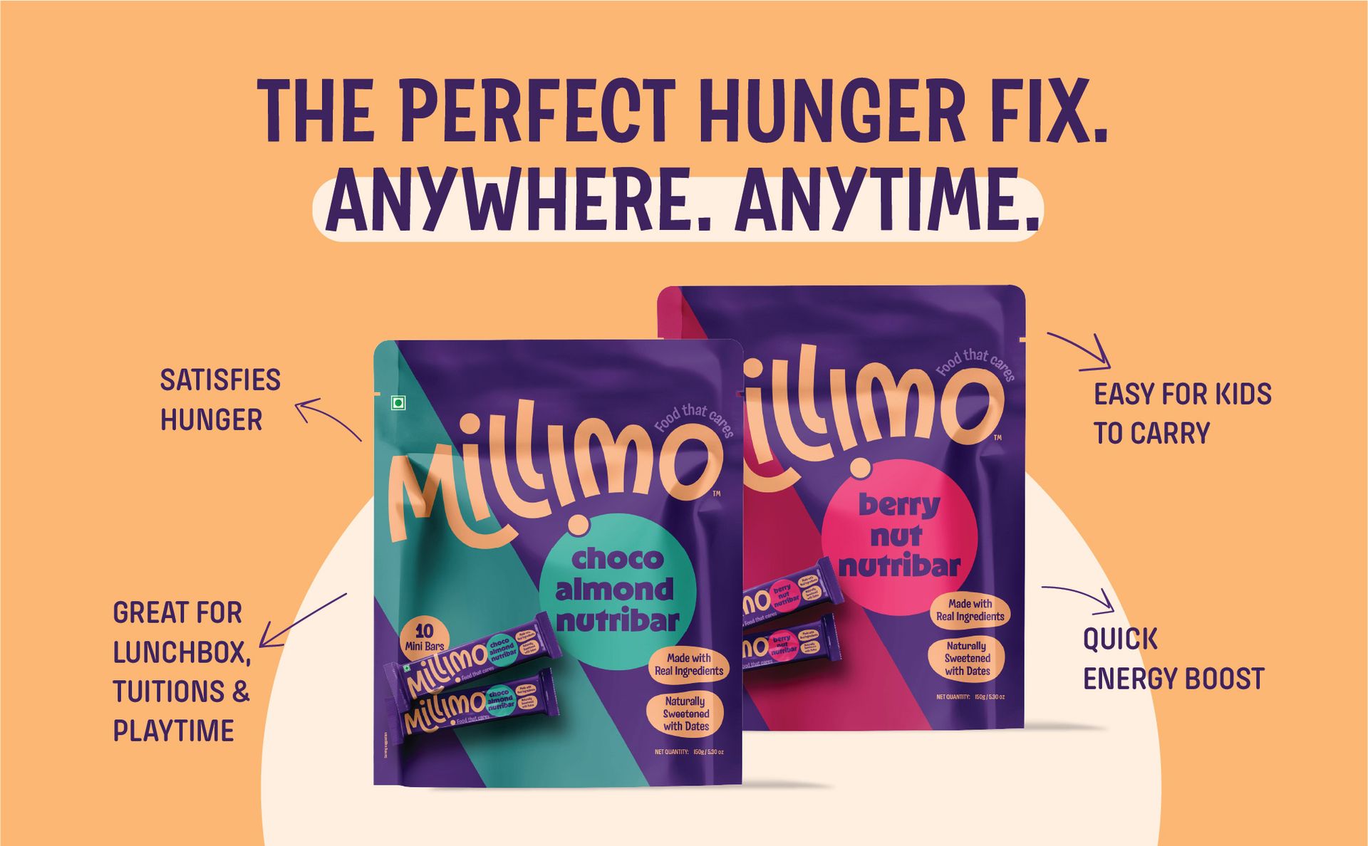 Millimo Kids Nutribar – Choco Almond, 150g | Natural Protein & Fibre from Real Ingredients | Dates, Almonds & Cashews | No Refined Sugar
