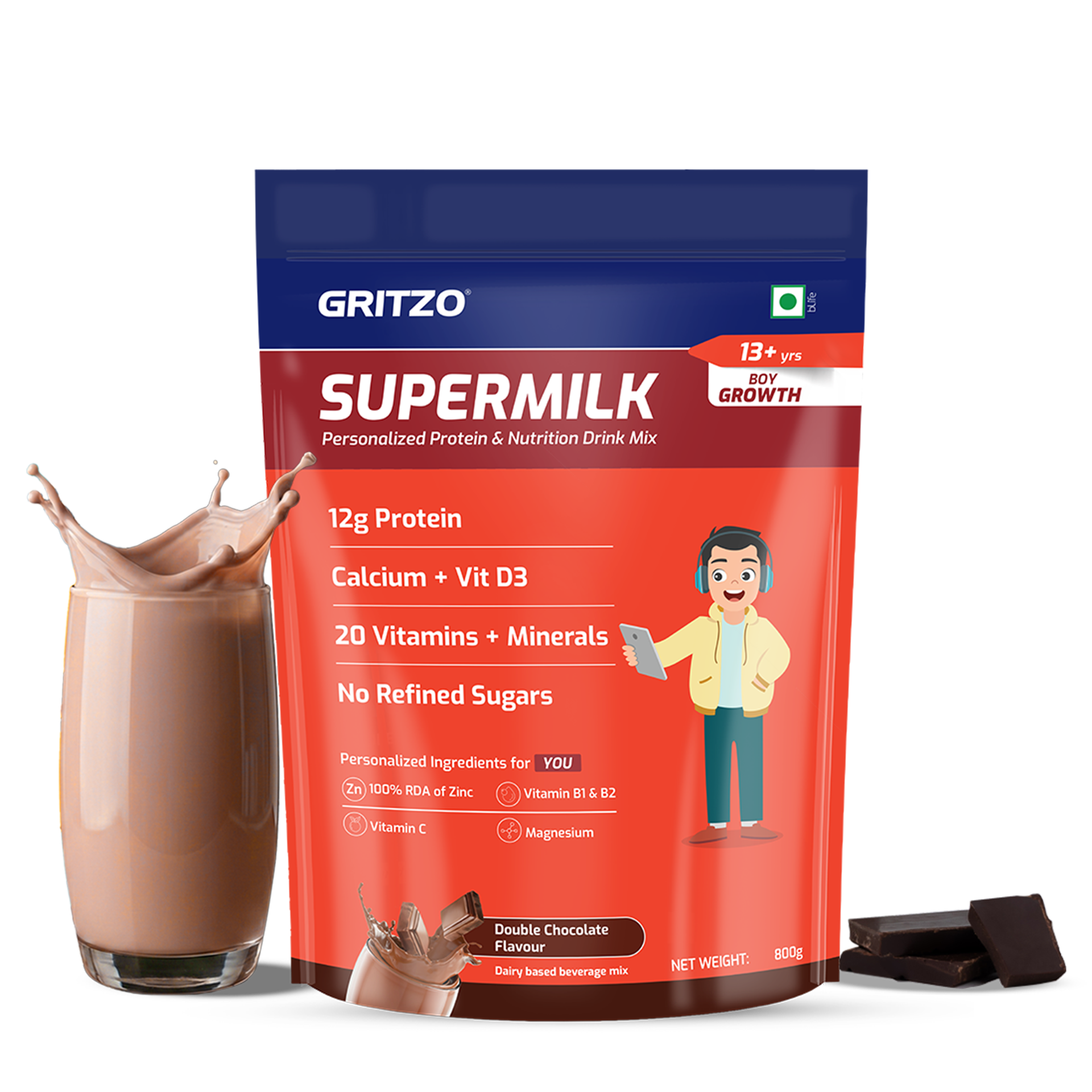 Gritzo SuperMilk Growth (13+ Boy), Double Chocolate, 800g