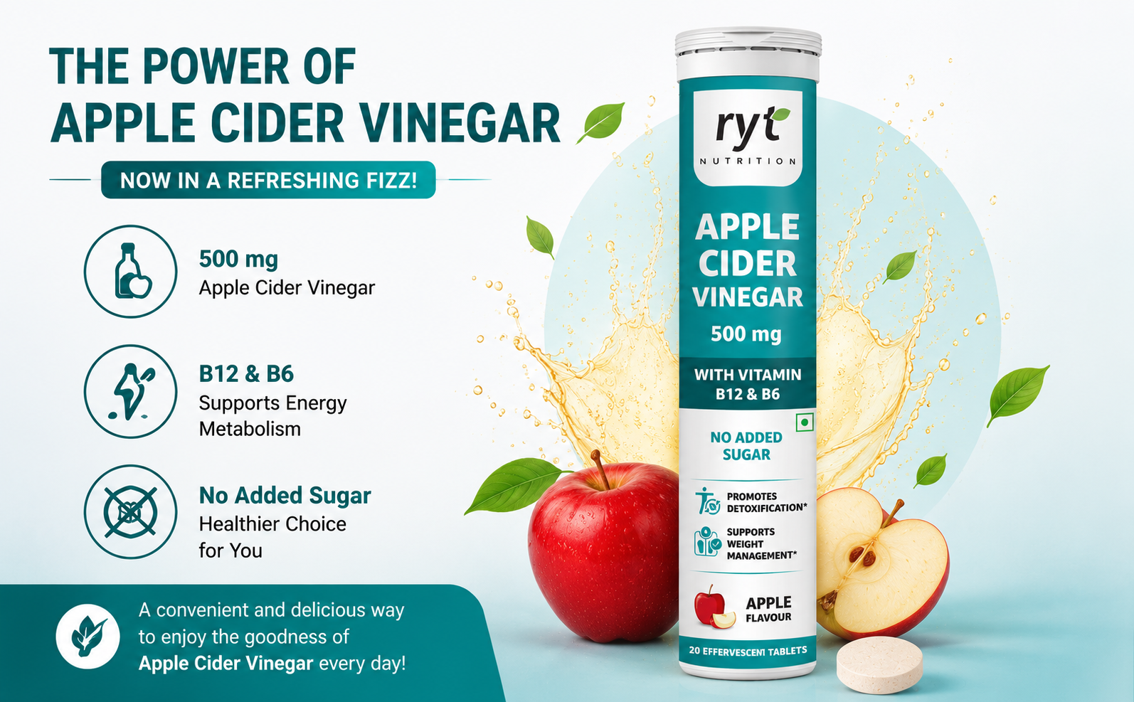 Apple Cider Vinegar Effervescent (500mg) - 20 Tablets (Apple Flavour), With Vitamin B12 & B6 | For Weight Management & Gut Health | No added Sugar | Easy to Carry & Consume