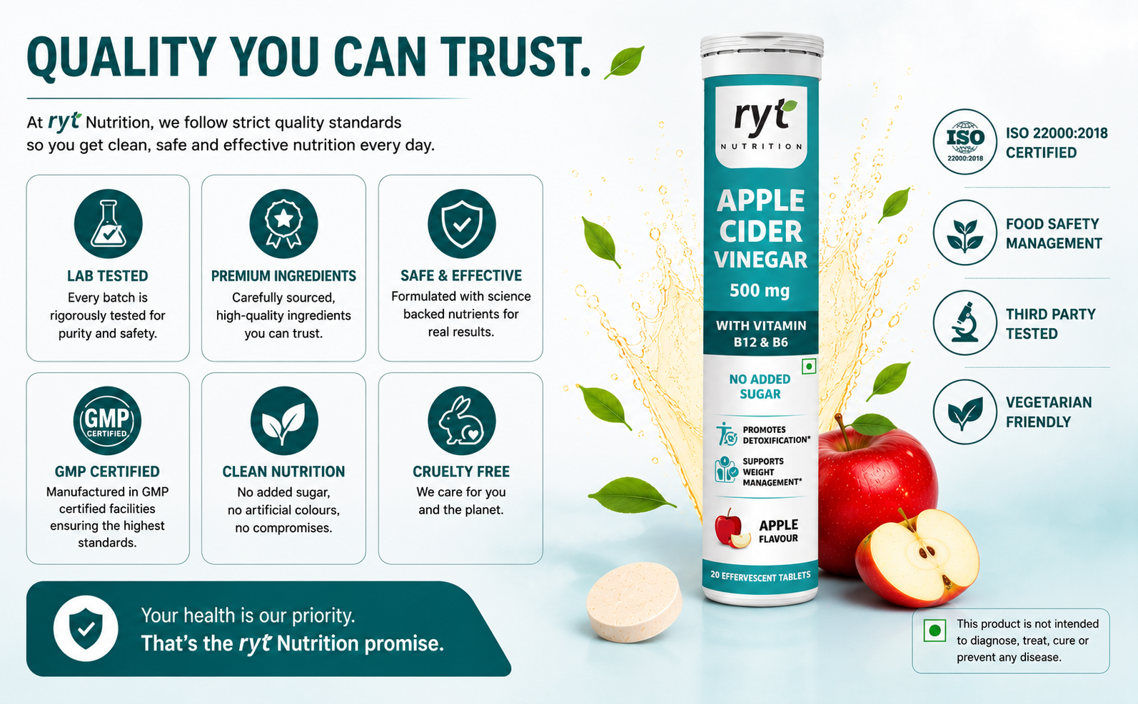 Apple Cider Vinegar Effervescent (500mg) - 20 Tablets (Apple Flavour), With Vitamin B12 & B6 | For Weight Management & Gut Health | No added Sugar | Easy to Carry & Consume