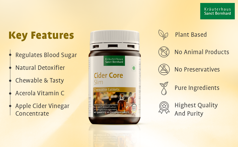 Kräuterhaus Sanct Bernhard Cider Core Slim | Apple Cider Vinegar Tablets with Acerola Vitamin C | Chewable Tablets | Natural Detox & Weight Management | Supports Digestion & Blood Sugar | 60 Tablets