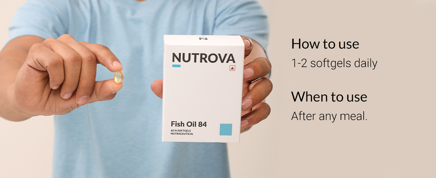 NUTROVA Fish Oil 84 Omega-3 High Purity, Heavy Metal Tested, Small Enteric Coated Capsules For Brain, Heart, Skin & Hair Health (60 Softgel Capsules) 300mg EPA + 250mg DHA in 658mg of Fish Oil