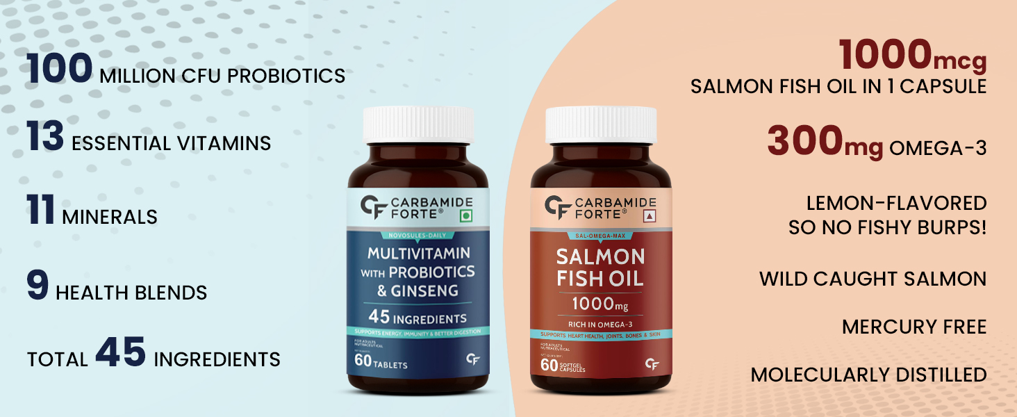 Carbamide Forte Multivitamin Tablet for Men and Women with Probiotics & Omega 3 fish oil capsules | Daily Immunity, Heart, Brain & Joint Support | 60 Tablets + 60 Softgel Capsules (Pack of 2)